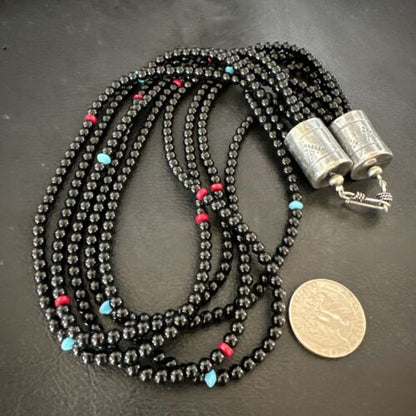 Navajo Black Onyx Turquoise Bead Necklace | Sterling Silver | 18" | Authentic Native American Handmade | 16821