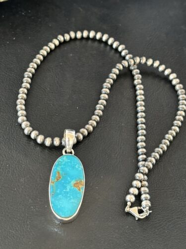Navajo Blue Kingman Turquoise Pendant Necklace | Sterling Silver | 20" | Authentic Native American Handmade | 16686