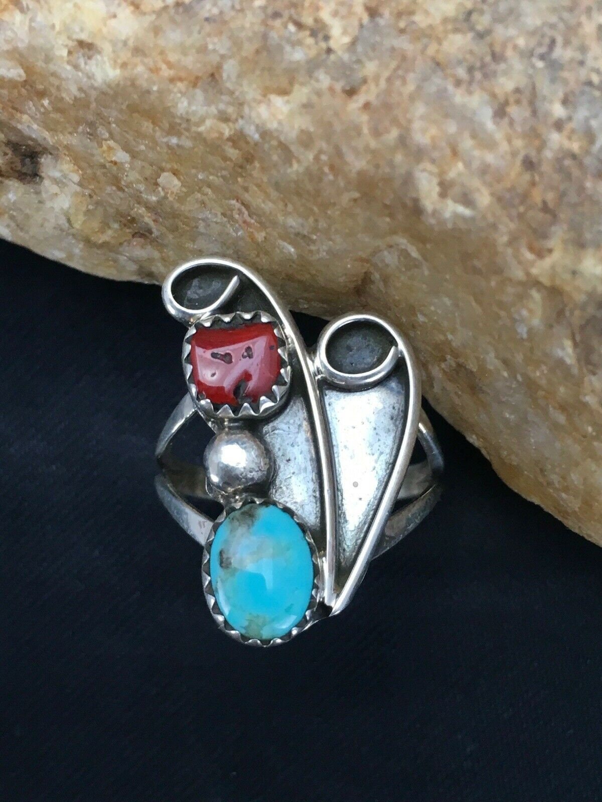 Navajo Blue Turquoise Coral Ring | Authentic Native American Sterling Silver | Multi-Stone | Sz 6.5 | 2780