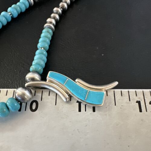 Navajo Blue Kingman Turquoise Inlay Pendant Necklace | Sterling Silver | 21" | Authentic Native American Handmade | 16931