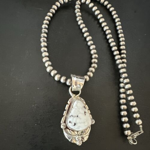Men's White Buffalo Turquoise Pendant Necklace | Navajo Pearls | Sterling Silver | Native American Handmade | 17335