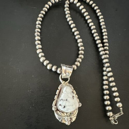 Men's White Buffalo Turquoise Pendant Necklace | Navajo Pearls | Sterling Silver | Native American Handmade | 17335