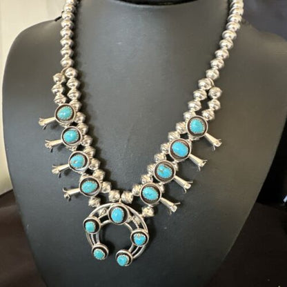 Navajo Kingman Turquoise Shadowbox Squash Blossom Necklace | Sterling Silver | 17" | 16111