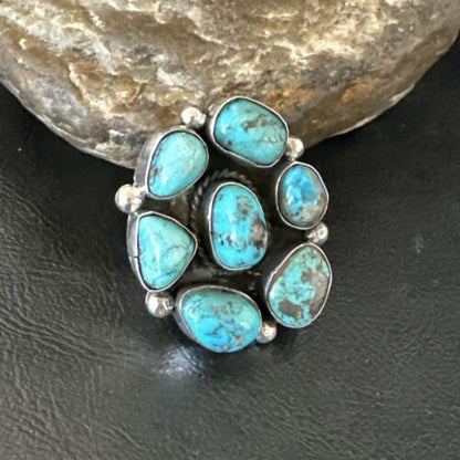 Navajo Blue Kingman Turquoise Cluster Ring | Authentic Native American Sterling Silver | Multi-Stone | Sz 10 | 17644