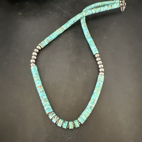 Navajo Blue Turquoise Heishi Bead Necklace | Sterling Silver | 21" | Authentic Native American Handmade | 17257