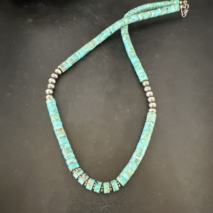 Navajo Blue Turquoise Heishi Bead Necklace | Sterling Silver | 21" | Authentic Native American Handmade | 17257