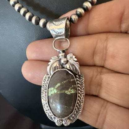 Navajo Green Boulder Turquoise Pendant Necklace | Sterling Silver | Men's Women's | 16136