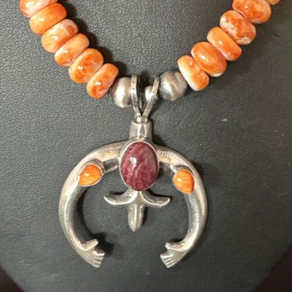 Navajo Orange Purple Spiny Oyster Naja Pendant Necklace | Sterling Silver | Authentic Native American Handmade | 15261