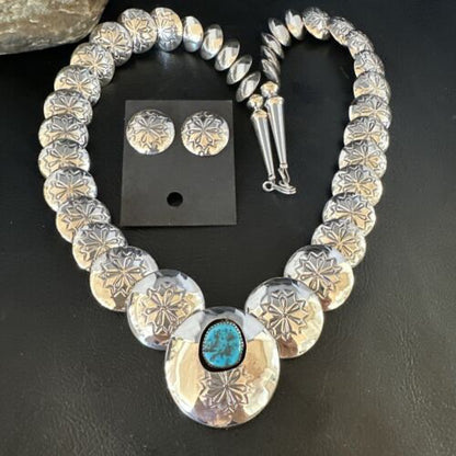 Navajo Sterling Silver Turquoise Pillow Stamped Bead Necklace Set | Authentic Native American Handmade | 15132 - Masha USA