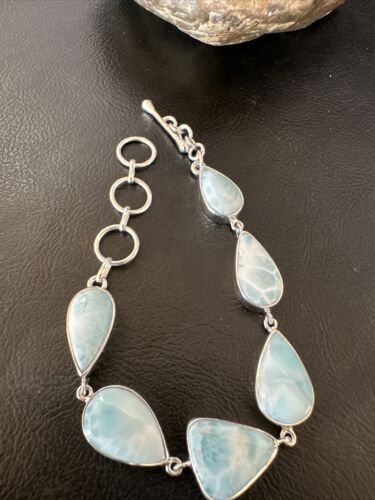 Navajo Blue Larimar Bracelet | Sterling Silver Link | 8" | Authentic Native American Handmade | 16082