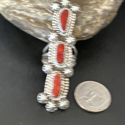 Navajo Red Coral Cluster Ring | Authentic Native American Sterling Silver | Multi-Stone | Sz 11.5 | 16329