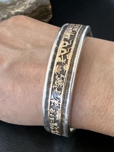 Navajo Sterling Silver Cuff Bracelet | 12K Gold Pueblo Stamped by V Hicks | Authentic Native American Handmade | 15989