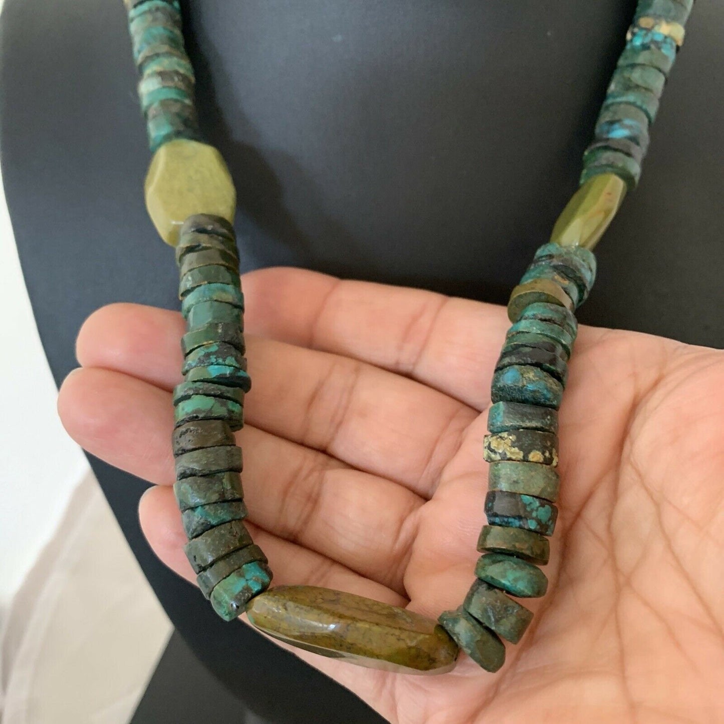 Men's Navajo Green Turquoise Nugget Heishi Bead Necklace | 21" | Sterling Silver | 02144