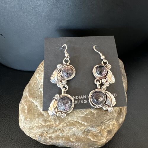 Navajo Purple Sugilite Dangle Earrings | Sterling Silver | 2" | Authentic Native American Handmade | 15694