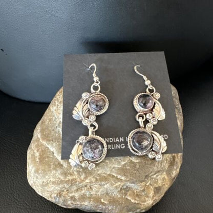 Navajo Purple Sugilite Dangle Earrings | Sterling Silver | 2" | Authentic Native American Handmade | 15694