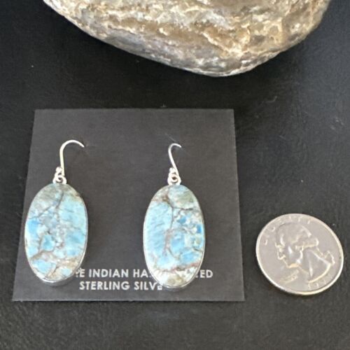 Navajo Blue Turquoise Dangle Earrings | Sterling Silver | Authentic Native American Handmade | 15430