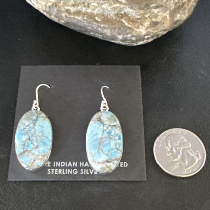 Navajo Blue Turquoise Dangle Earrings | Sterling Silver | Authentic Native American Handmade | 15430