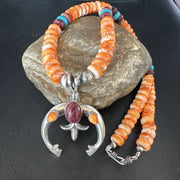 Navajo Orange Purple Spiny Oyster Naja Pendant Necklace | Sterling Silver | Authentic Native American Handmade | 15261