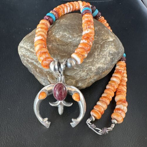 Orange Purple Spiny Oyster Naja Pendant Navajo Sterling Silver Necklace 15261