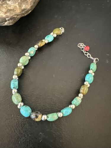 Women's Blue Turquoise Bead Bracelet | Southwestern Sterling Silver Link | 8" | 17237
