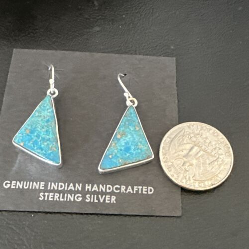 Navajo Blue Turquoise Dangle Earrings | Sterling Silver | 1" | Authentic Native American Handmade | 15801