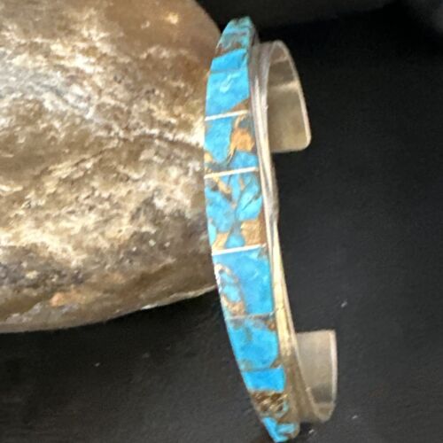 Navajo Men's Blue Mojave Turquoise Inlay Bracelet | Sterling Silver | Authentic Native American Handmade | 15065