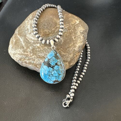 Men's Navajo Blue Spiderweb Turquoise Pendant Necklace | Sterling Silver | Authentic Native American Handmade | 16302