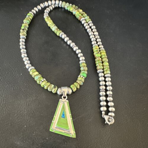 Navajo Green Gaspeite Turquoise Pendant Necklace | Sterling Silver | Native American Handmade | 15426