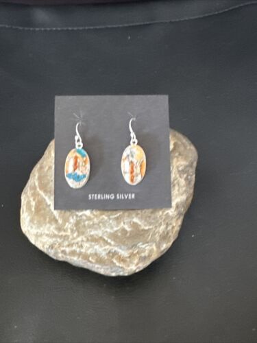 Navajo Blue Turquoise & Orange Spiny Oyster Inlay Dangle Earrings | Sterling Silver | 15587