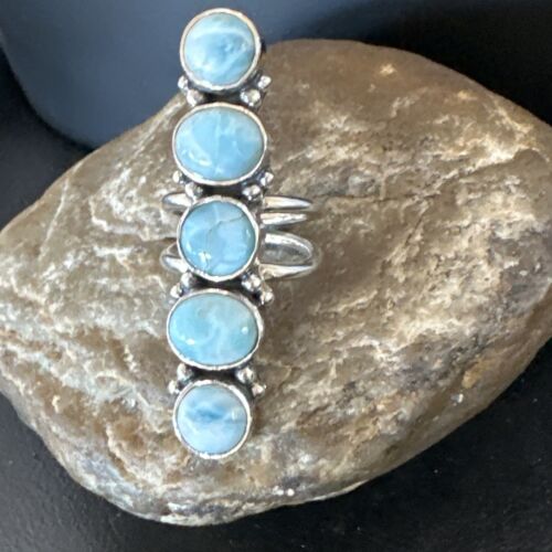 Navajo Blue Larimar Multi-Stone Ring | Authentic Native American Sterling Silver | Multi-Stone | Sz 8 | 15931