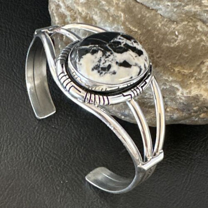 Navajo White Buffalo Turquoise Cuff Bracelet | Sterling Silver | Authentic Native American Handmade | 16251