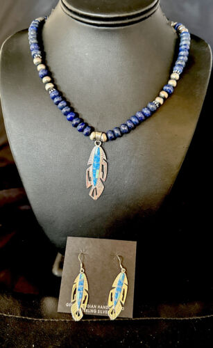 Navajo Opal Feather Multi-Color Lapis Pendant Necklace & Earring Set | Sterling Silver | Authentic Native American Handmade | 15031