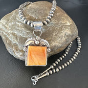 Navajo Orange Spiny Oyster Pendant Necklace | Sterling Silver | 20" | Authentic Native American Handmade | 16141