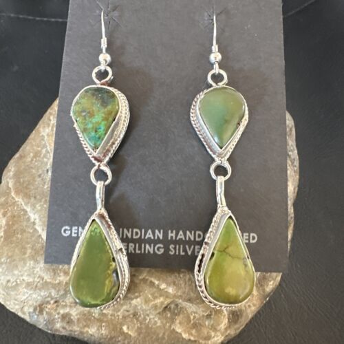 Navajo Green Royston Turquoise Dangle Earrings | Sterling Silver | Authentic Native American Handmade | 16490