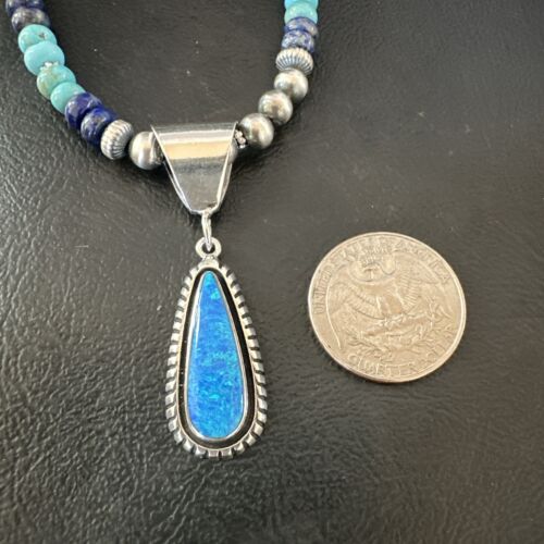 Navajo Opal Inlay Pendant with Turquoise & Lapis | Sterling Silver Necklace | Authentic Native American Handmade | 16848