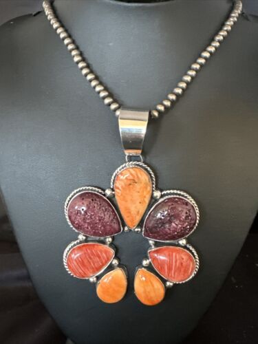 Navajo Purple Red Spiny Oyster Necklace with Naja Pendant | Sterling Silver | Native American Handmade | 14845