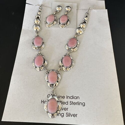 Navajo Pink Conch Choker Necklace | Sterling Silver Pendant 18" | Earrings Set | Authentic Native American Handmade
