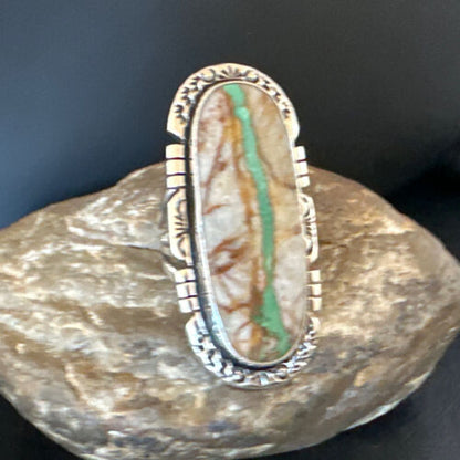 Navajo Ribbon Boulder Green Turquoise Ring | Sterling Silver | Sz 10 | Authentic Native American Handmade | 16253