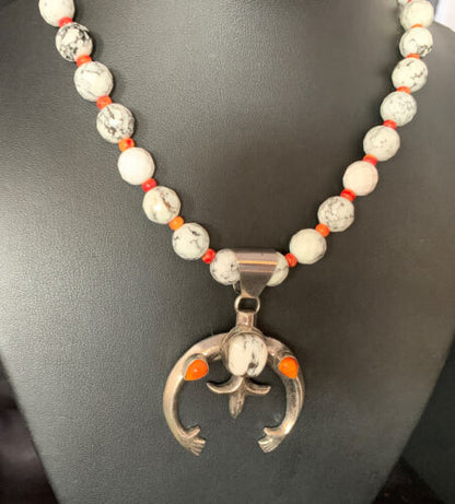 Navajo White Buffalo Turquoise Spiny Oyster Naja Pendant | Sterling Silver | Authentic Native American Handmade | 13648