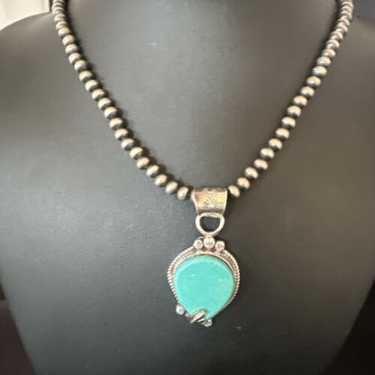 Women's Blue Turquoise Pendant Necklace | Navajo Pearls | Sterling Silver | Authentic Native American Handmade | 15658