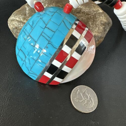 Navajo Shell Turquoise Coral Necklace | Sterling Silver | Stabilized | Inlay | 22" | Authentic Native American Handmade | 15323