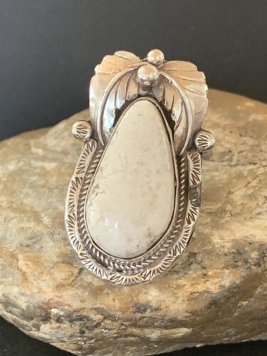 Southwestern Navajo White Buffalo Turquoise Ring | Sterling Silver | Sz 9 | Authentic Native American Handmade | 01963