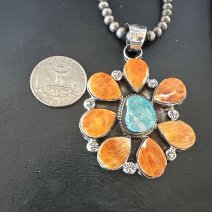 Navajo Blue Turquoise | Spiny Oyster Pendant Necklace | Sterling Silver | Multi-Stone | 16861