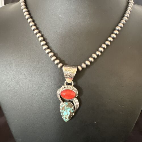 Navajo Blue Turquoise Red Spiny Oyster Pendant Necklace | Sterling Silver | Multi-Stone | 16290 - Masha USA