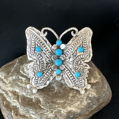 Navajo Turquoise Butterfly Ring | Authentic Native American Sterling Silver | Multi-Stone | Adjustable Women's Sz 8 | 16169