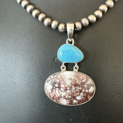 Navajo Wild Horse Blue Kingman Turquoise Necklace | Sterling Silver | Authentic Native American Handmade | 17340