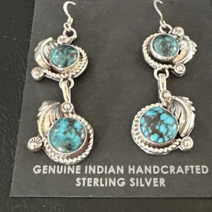 Navajo Blue Spiderweb Turquoise Dangle Earrings | Sterling Silver | Authentic Native American Handmade | 16011