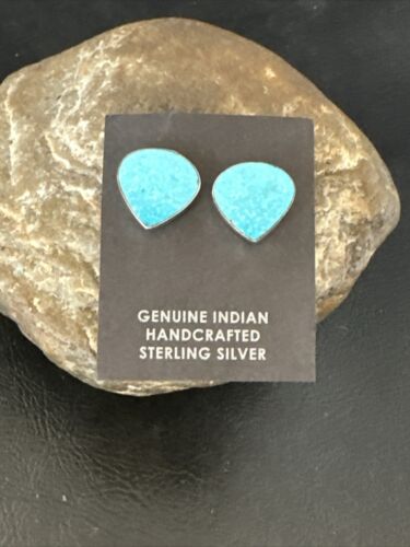Navajo Blue Kingman Turquoise Post Stud Earrings | Sterling Silver | Authentic Native American Handmade | 17407