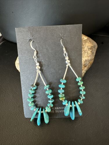 Navajo Blue Cluster Turquoise Bead Earrings | 6mm | Sterling Silver | 2" | Authentic Native American Handmade | 15845