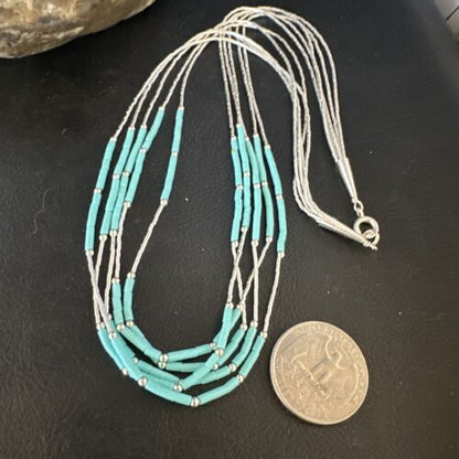 Turquoise 5-Strand Heishi Necklace | Liquid Sterling Silver | Authentic Native American Handmade | 15046